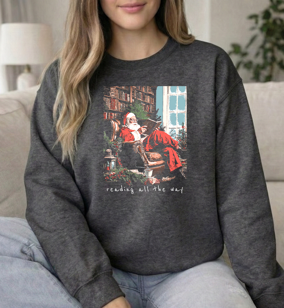 Reading all the way..Unisex Dark Heather Gildan Crewneck Sweatshirt