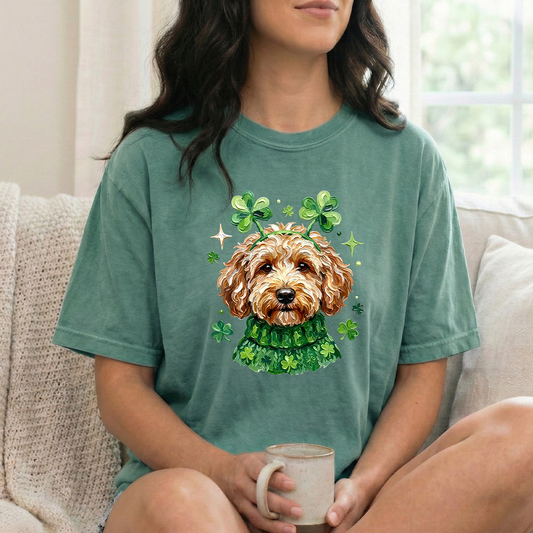 St Pats Goldendoodle light green Tshirt